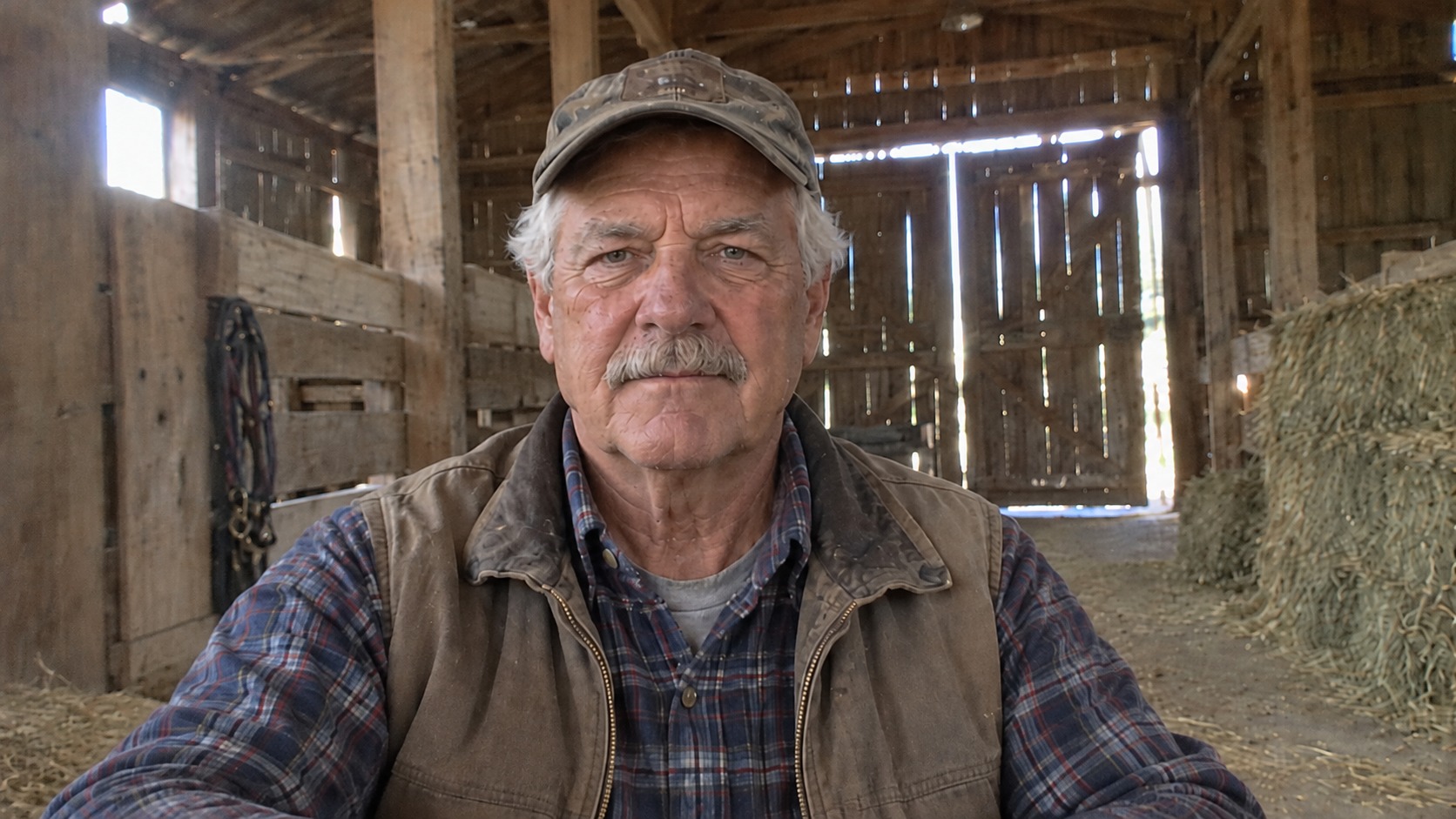 Earl in his rustic barn, wearing a plaid shirt, work vest and cap