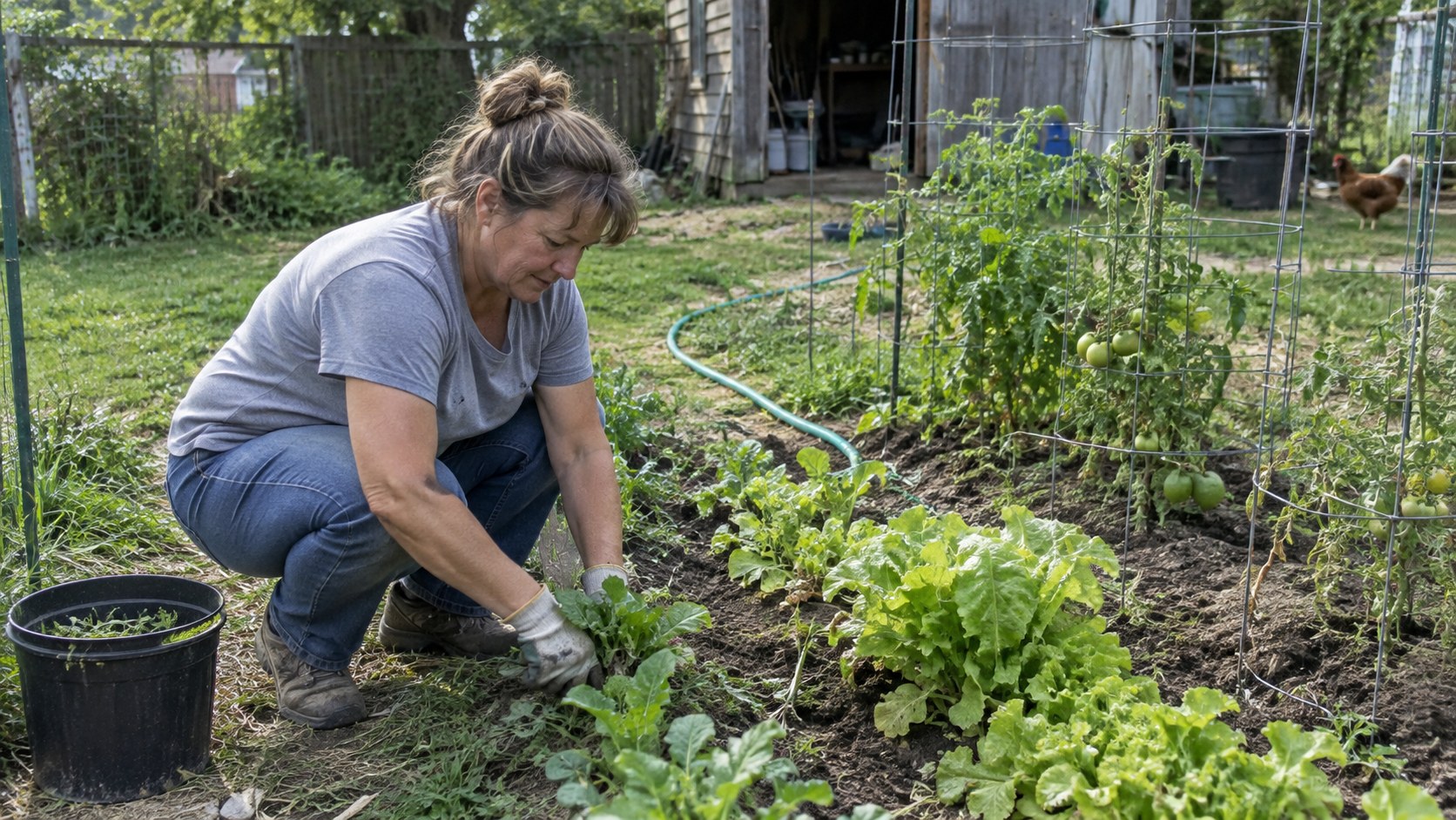 A modest backyard vegetable garden being tended
