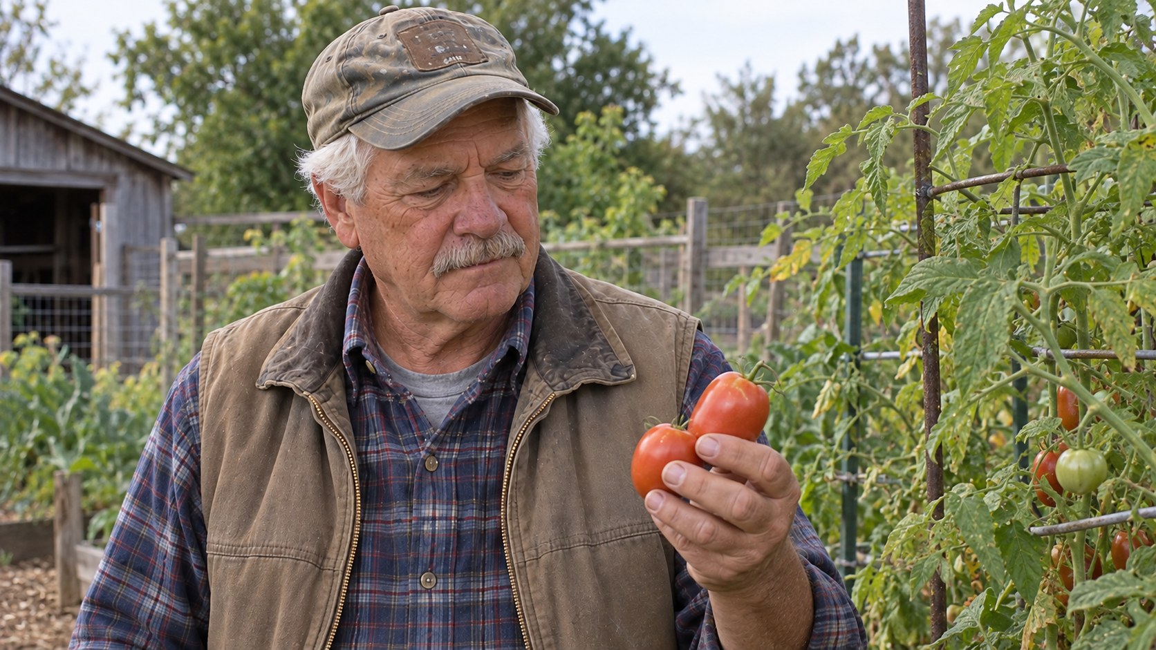 Earl inspecting two ripe tomatoes beside his garden